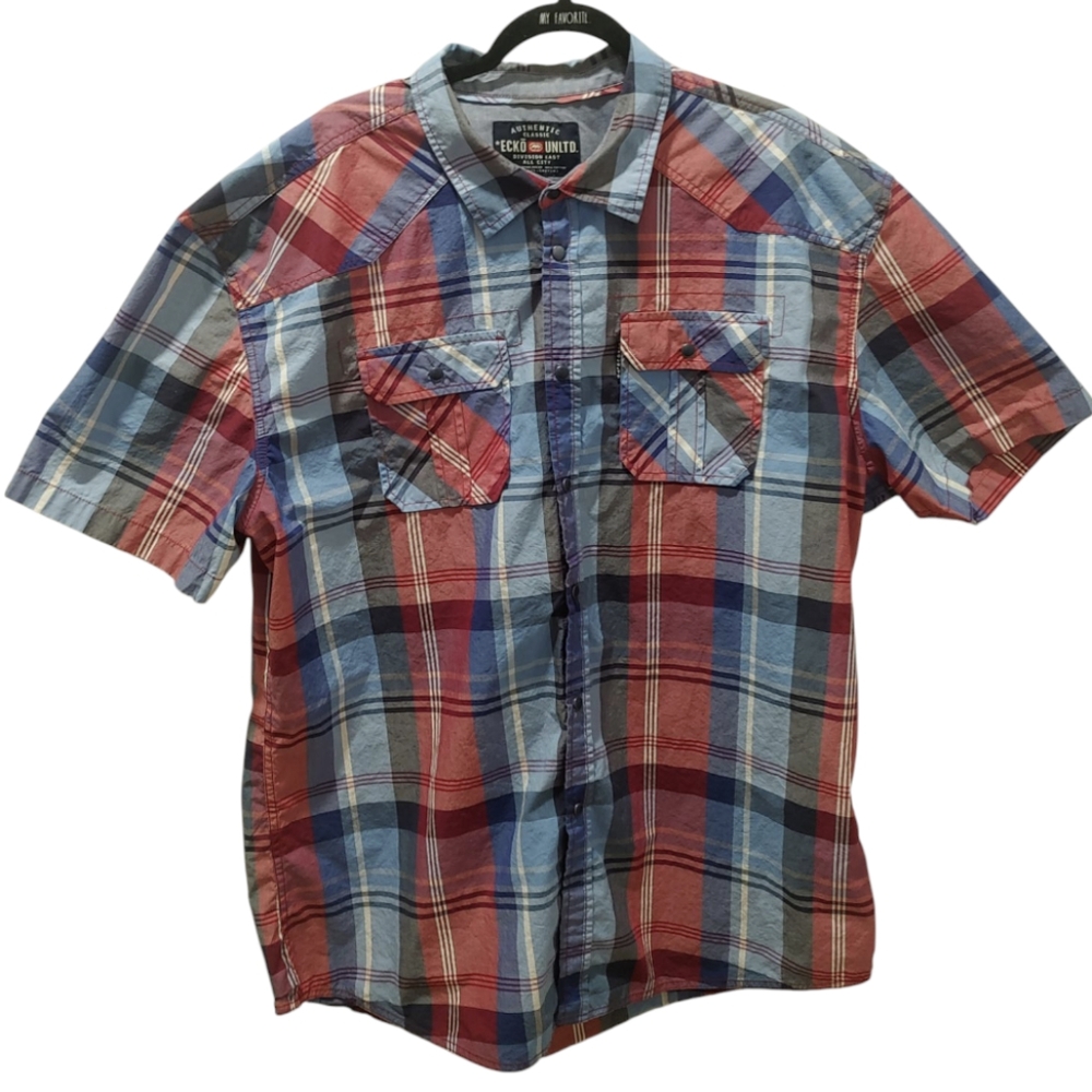 Echo Unltd Red & Blue Casual Button Down Shirt Short Sleeve 3XL 100% Cot…